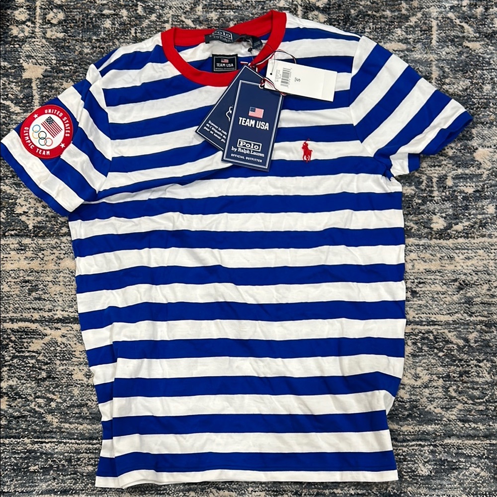Ralph Lauren Blue and White Striped T-Shirt, Official 2024 Olympic USA
